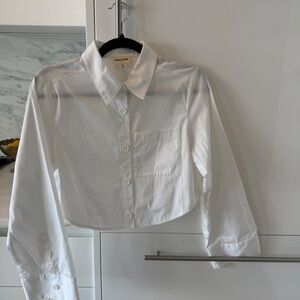 Open Edit White Cropped Button Down Shirt XXS Boxy Poplin Collared Blouse